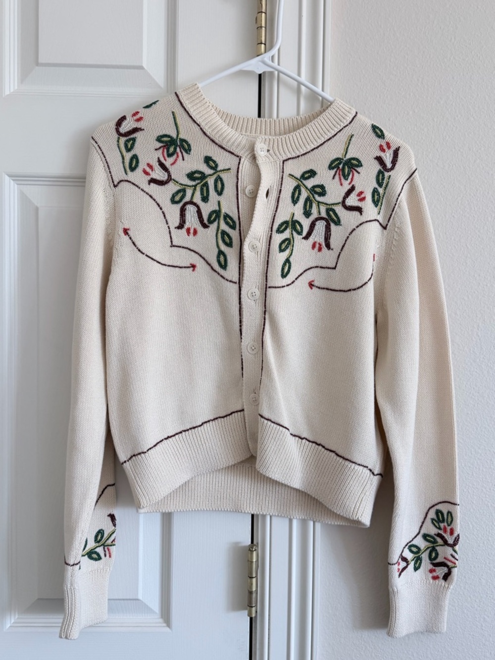THE GREAT. Cream Cardigan with Green and Red Floral Embroidery